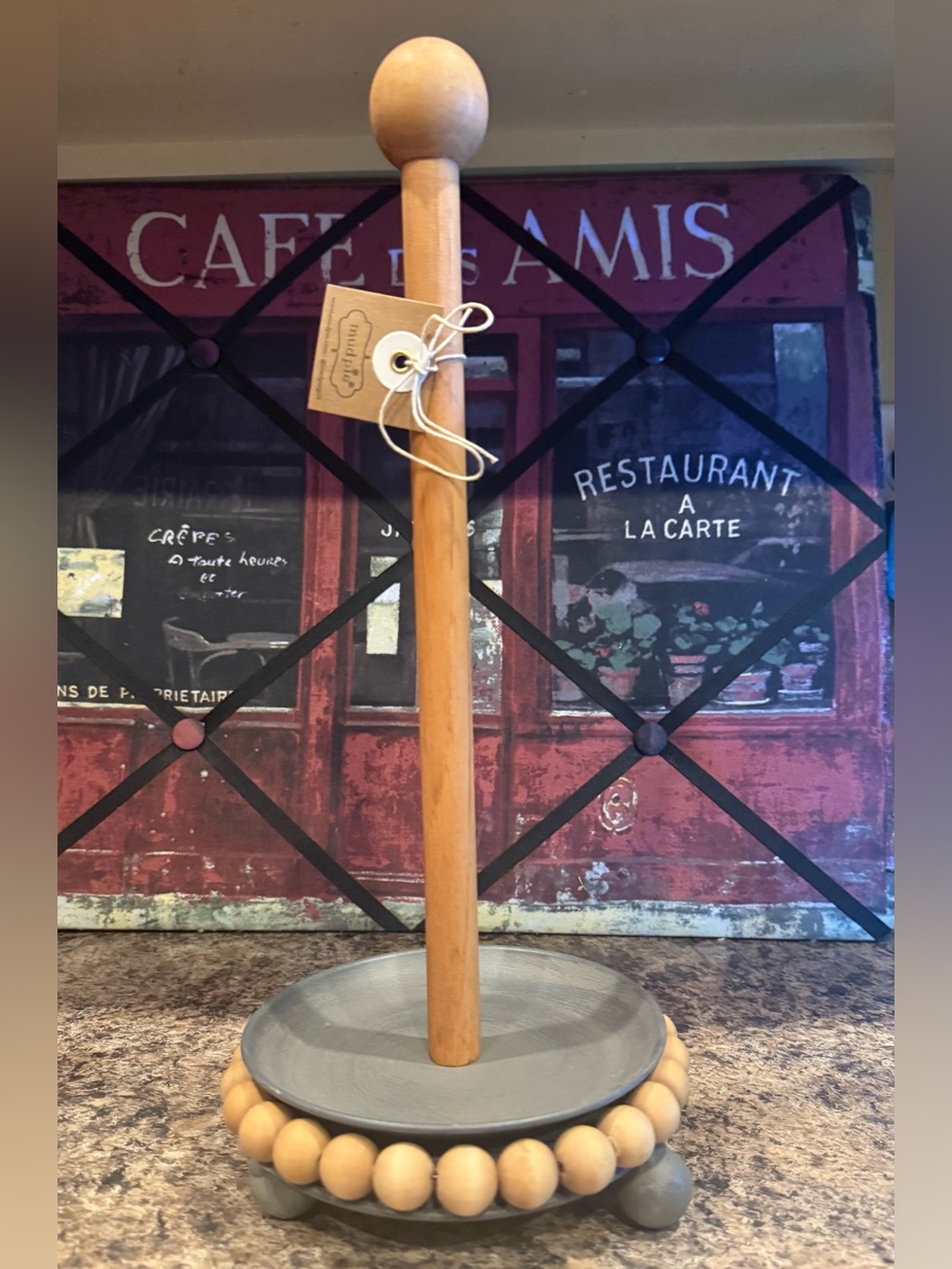 Mud Pie Wood & Gray Beaded Paper Towel Stand